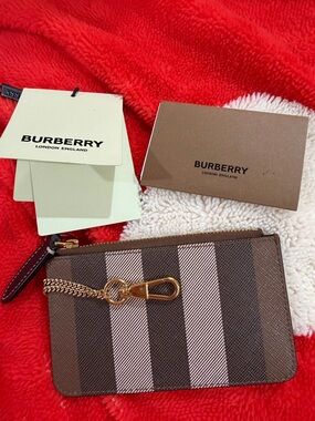 Burberry Brown and Beige Striped Leather Zip Pouch with Gold Hardware